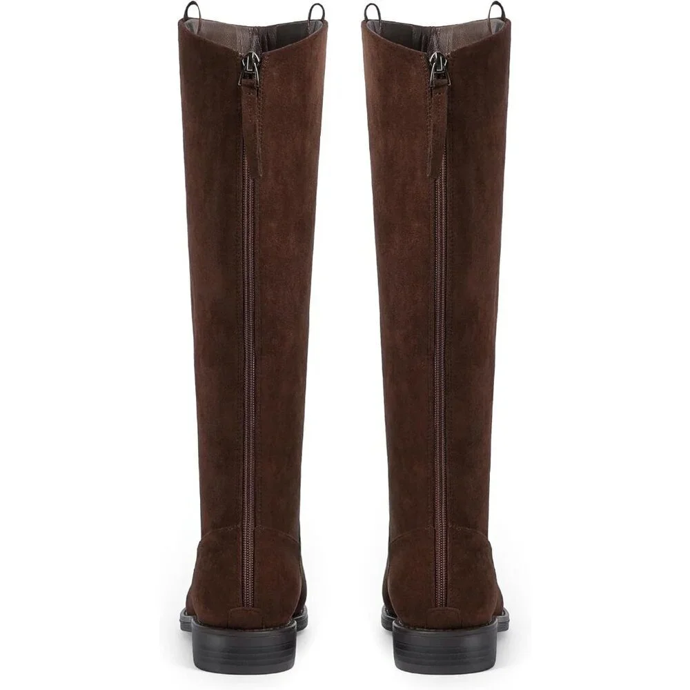 Women's A-suede chocolate  Rounded Toe Flat Low Chunky Zip Heel Knee High Boots